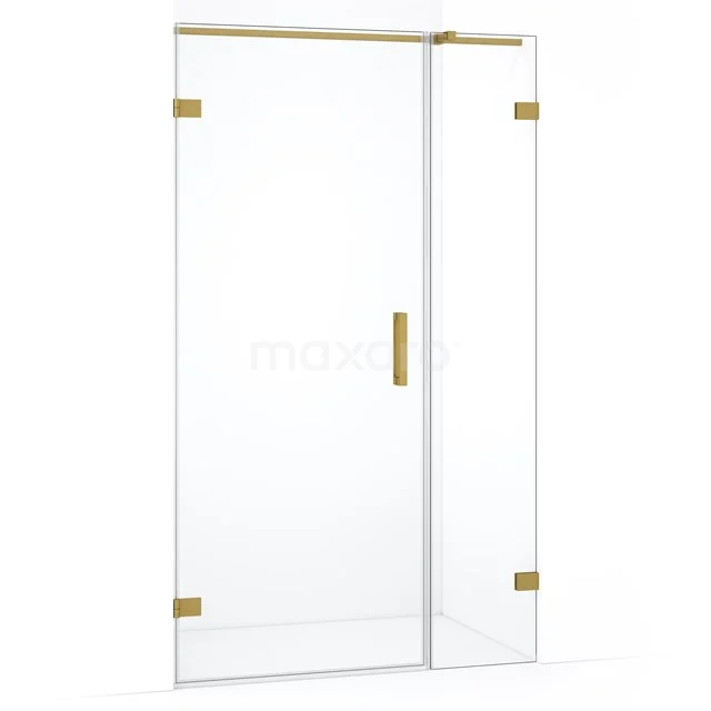 Douchedeur met goudkleurige accenten, helder glas, draaideurdesign. Elegant en modern badkameraccessoire.