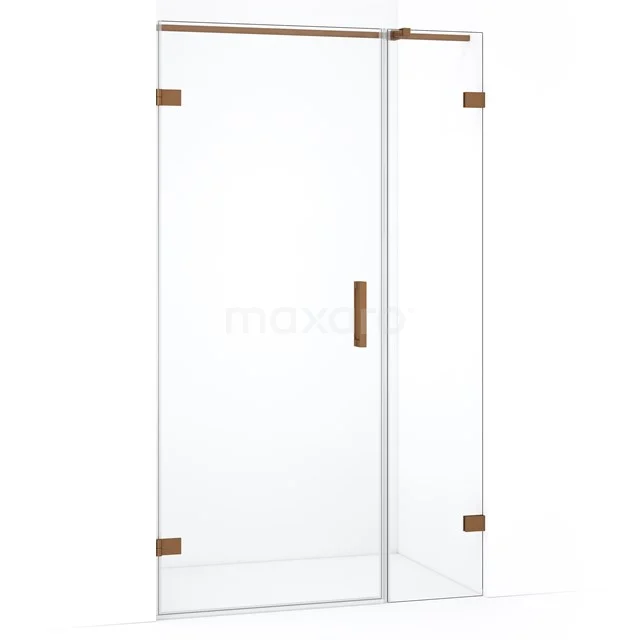 Douchedeur met helder glas, messing scharnieren en handgreep, ideaal als stijlvolle upgrade voor de badkamer.