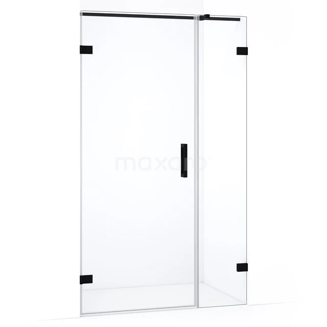 Douchedeur met helder glas, zwart mat beslag en draaimechanisme, modern design, perfect voor een stijlvolle badkamer.