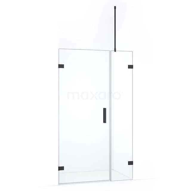 Transparante glazen douchewand met zwarte scharnieren en handgreep, modern design, ideaal voor stijlvolle badkamers.