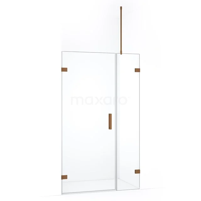 Glazen douchewand met matgouden details, strak design, ideaal voor een moderne badkamer.