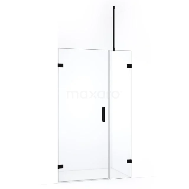 Glazen douchewand met draaideur, helder glas, zwarte scharnieren, inclusief stabilisatiestang. Perfect voor moderne badkamers.