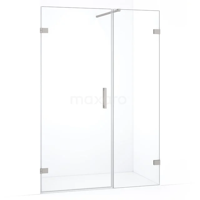 Heldere glazen douchecabine met RVS scharnieren, strak design, perfect voor een moderne badkamer.