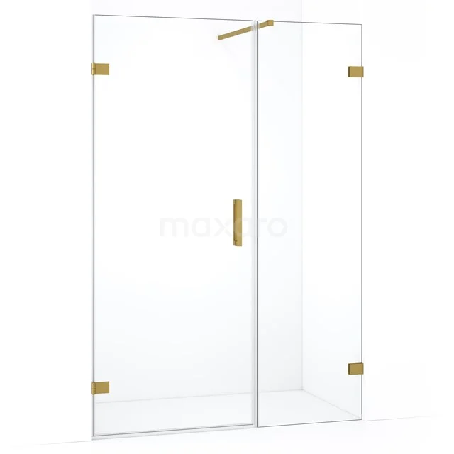 Douchewandset van helder glas met goudkleurige details, strak design, perfect voor een moderne badkamer.