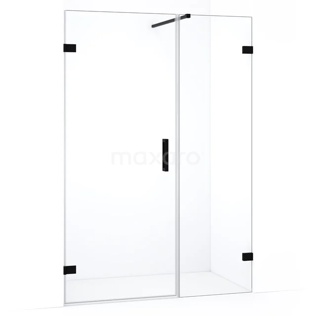 Glazen douchewand met matzwart frame, modern design, ideaal voor een strakke badkamerstijl.