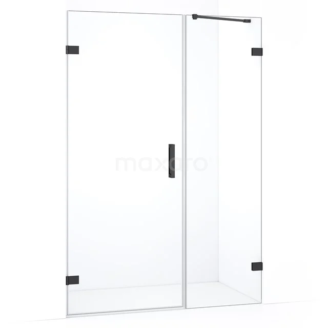 Glazen douchecabine met zwart metalen accenten, helder glas en scharnieren, ideale toevoeging aan een moderne badkamer.