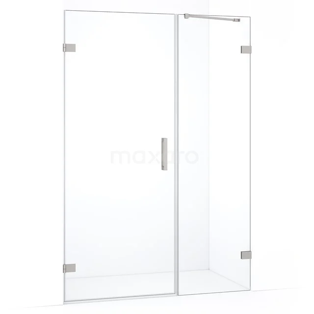 Glazen douchewand met deur, helder glas, modern design, geschikt voor badkamerrenovatie, RVS scharnieren voor duurzaamheid.