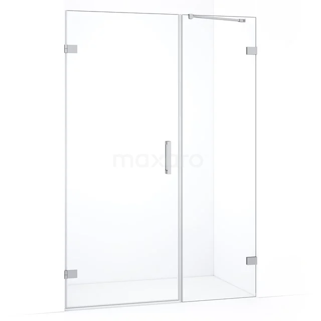 Douchecabine helder glas, hoekinstap met draaideur, chroomprofiel, modern design voor ruimtelijke badkamerindeling.