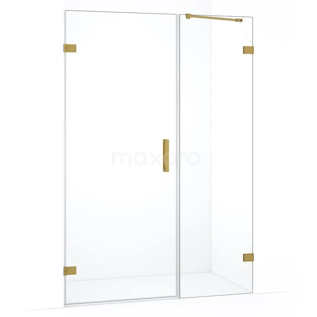 Douchewand van helder glas met gouden accenten, modern design, ideaal als stijlvolle badkameroplossing.