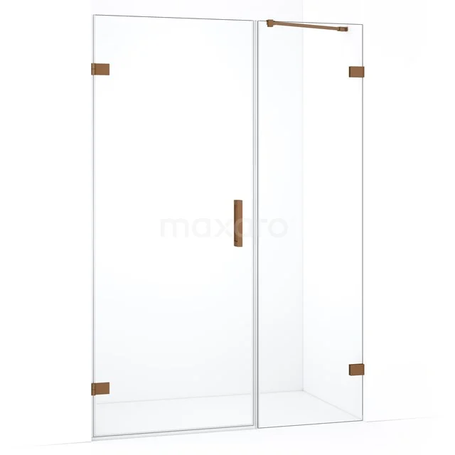 Douchewand helder glas met goudkleurige details, draaideur en strak design, ideaal voor een moderne badkamer.