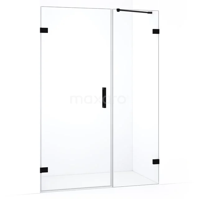 Glazen douchewand met zwarte accenten, schuifdeur en strak design, ideaal voor een moderne badkamerstijl.