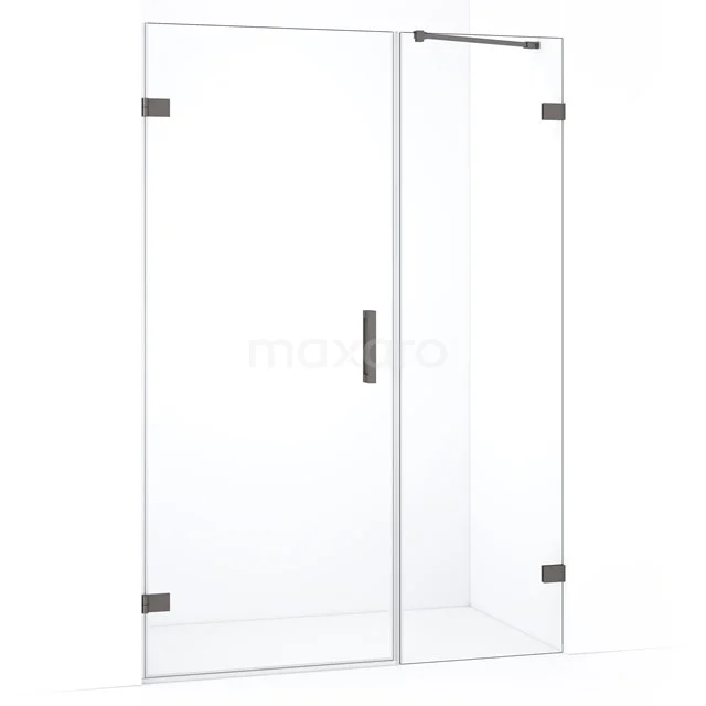 Glazen douchedeur met RVS details, helder veiligheidsglas, scharnierdeur, perfecte aanvulling voor een moderne badkamer.