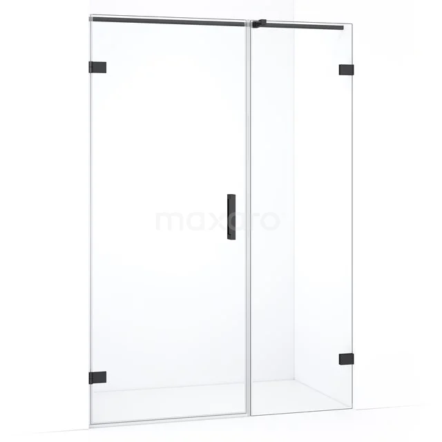 Glazen douchewand met mat zwarte accenten, strak design en inklapbare deuren, ideaal voor een moderne badkamer.