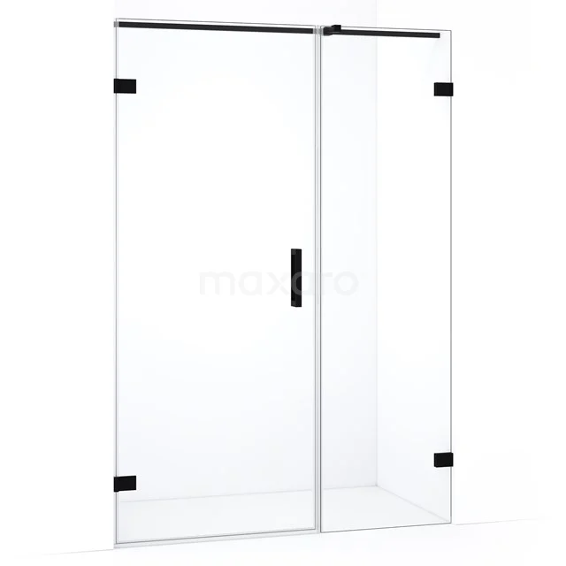 Glazen douchewand met zwarte accenten, minimalistisch design, ideaal voor een moderne badkamer.
