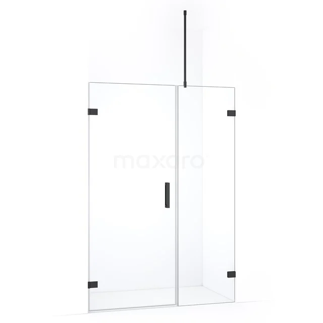Glazen douchewand met zwarte details, moderne stijl, ideaal voor een strakke badkamerinrichting.