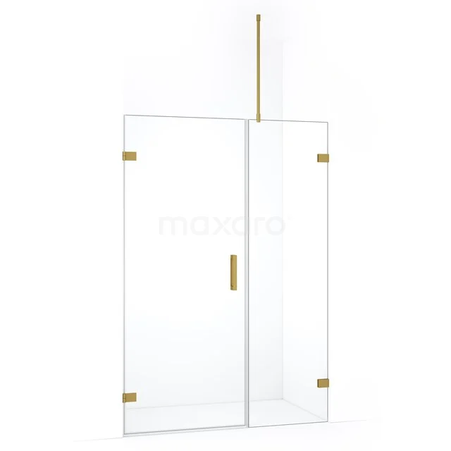 Glazen douchedeur met goudkleurige scharnieren, minimalistisch design, perfect voor een moderne badkamerinrichting.