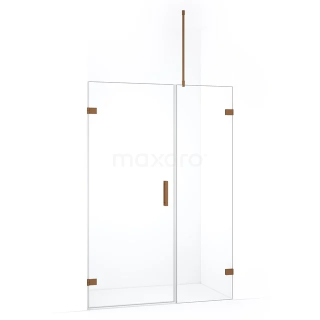 Glazen douchewand met gouden scharnieren, minimalistisch design, ideaal voor een moderne badkamer.