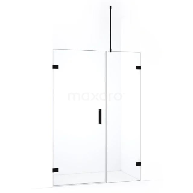 Glazen douchedeur met zwart metalen accenten, helder glas en minimalistisch design, ideaal voor een moderne badkamer.