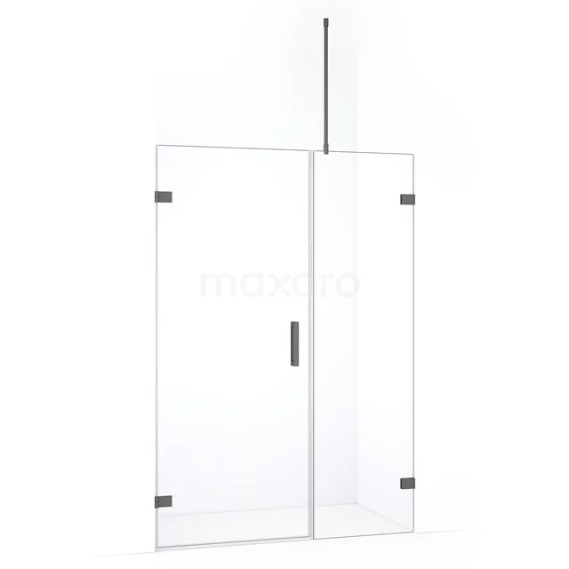 Glazen douchewand met deur, heldere uitvoering, strakke zwarte scharnieren, ideaal voor een moderne badkamer.