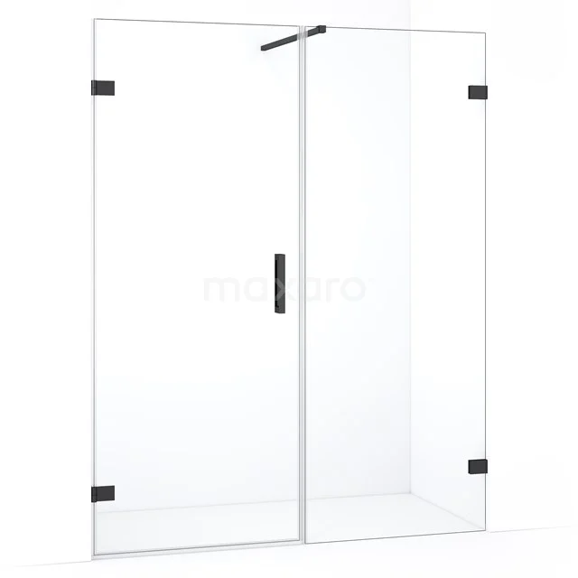 Glazen douchewand met strakke zwarte accenten, draaideur en minimalistisch design, perfect voor een moderne badkamer.