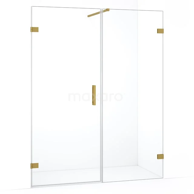 Glazen douchedeur met gouden scharnieren en handgreep, modern ontwerp ideaal voor een stijlvolle badkamer.