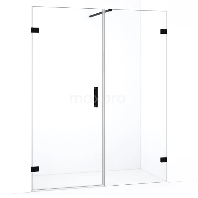Glazen douchewand met matte zwarte scharnieren, strak design, geschikt voor moderne badkamers.