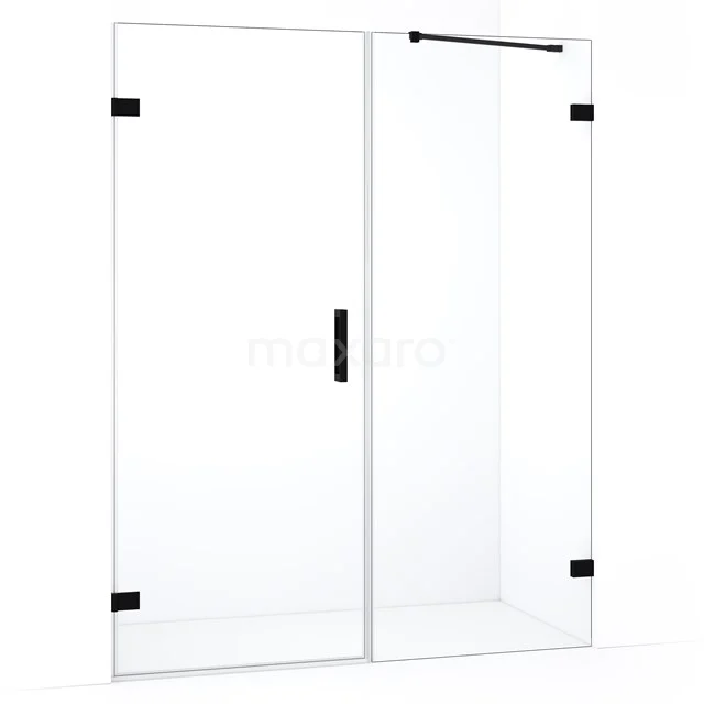 Douchedeur van helder glas met zwart metalen accenten, strak design, ideaal voor een moderne badkamerstijl.