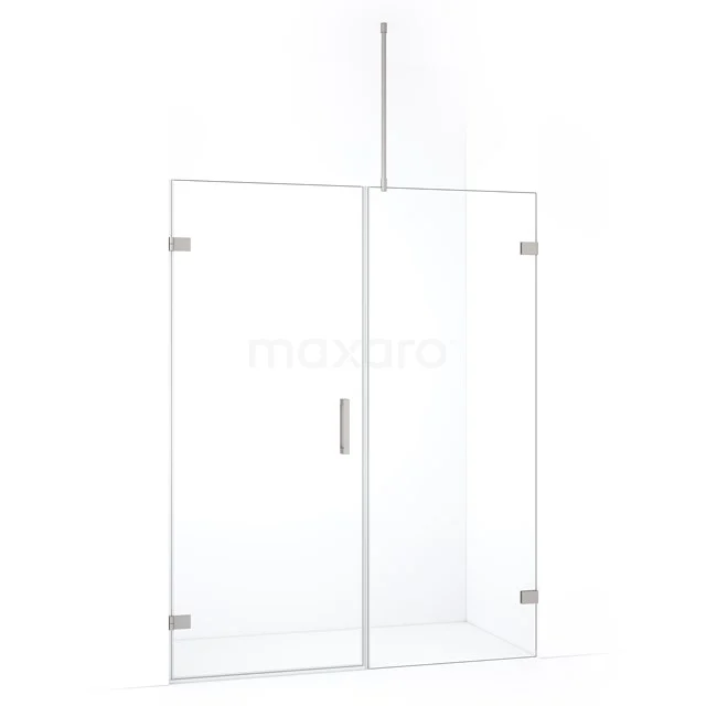 Glazen douchewand met scharnierdeur, frameloos design, helder veiligheidsglas, ideaal voor een moderne badkamer.