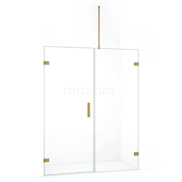 Glazen douchewand met gouden details, minimalistisch design, perfect voor een moderne badkamerstijl.