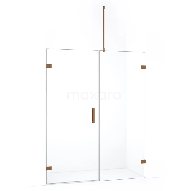 Glazen douchewand met goudkleurige elementen, minimalistisch design, perfect voor een luxe badkamer.