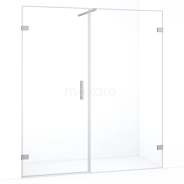 Glazen douchewand met draaideur, transparant design, chroom scharnieren, ideaal als moderne badkamer scheidingswand.