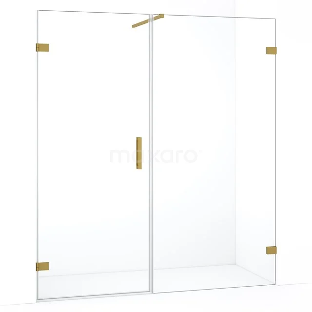 Glazen douchewand met goudkleurige details, strak design en moderne uitstraling, perfect voor een luxe badkamer.