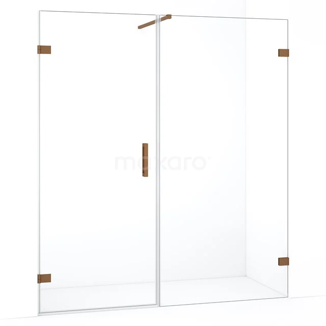 Glazen douchewand met bronskleurige accenten, moderne badkamerstijl, inclusief greep en minimalistische design kenmerken.