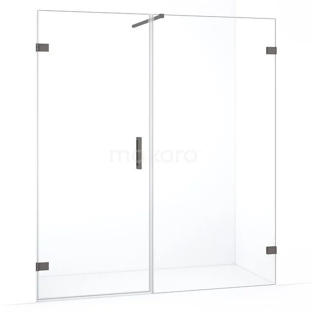 Glazen douchewand met deur, strakke zwarte accenten, minimalistisch design, ideaal voor moderne badkamers.