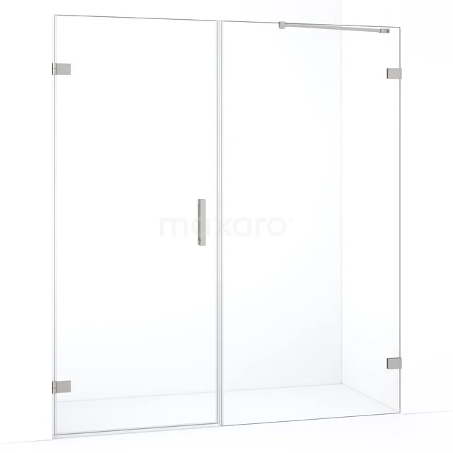 Glazen douchedeur met scharnieren en handgreep, strak design, geschikt voor een moderne badkamer.