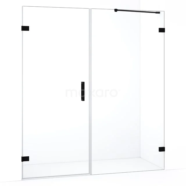 Glazen douchewand met schuifdeur, strak design, zwarte accenten; perfect voor moderne badkamers.