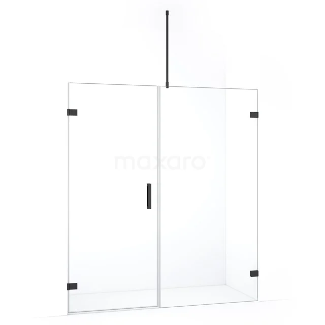 Glazen douchewand met zwarte accenten, strakke moderne stijl, ideaal voor een stijlvolle badkamerinrichting.