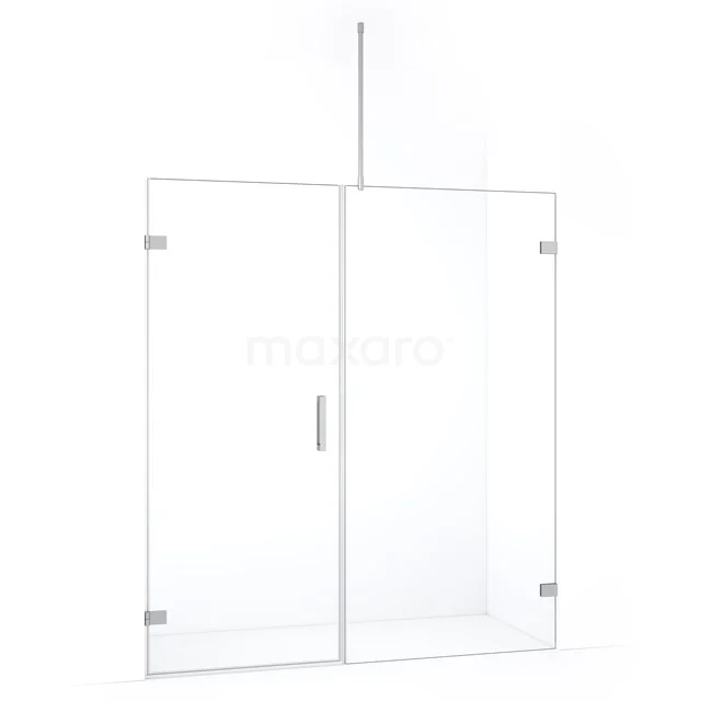 Glazen douchewand met scharnierdeur, heldere afwerking, moderne stijl en roestvrijstalen accenten voor een strakke badkamerinrichting.