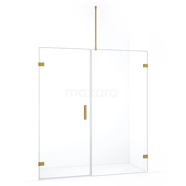 Glazen douchewand met gouden details, modern design, ideaal voor een stijlvolle badkamerinrichting.