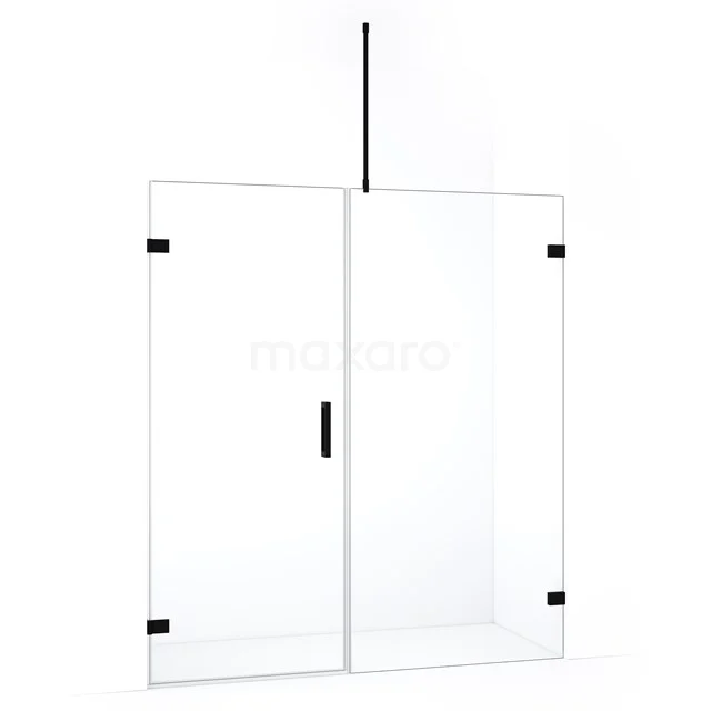 Douchewand met zwarte accenten, frameloos design, helder glas, perfect voor een moderne badkamer.