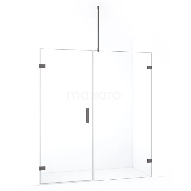 Glazen douchewand met matzwart frame en deur, modern design, geschikt voor strakke badkamerinrichting.