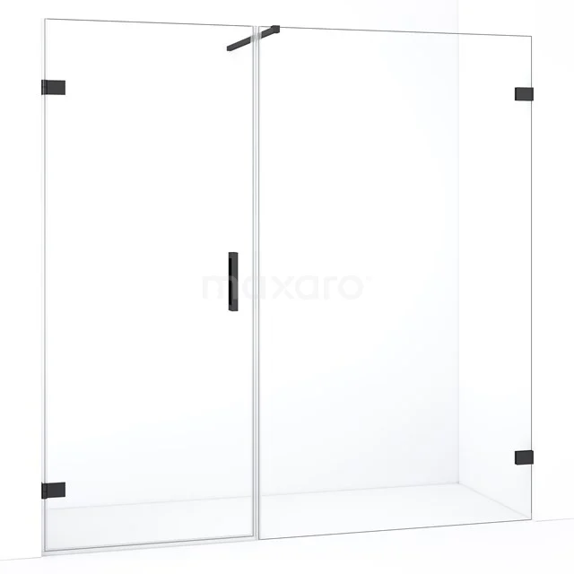 Douchedeur met mat zwarte accenten, helder glas, schuifmechanisme en minimalistisch design voor een moderne badkamerstijl.