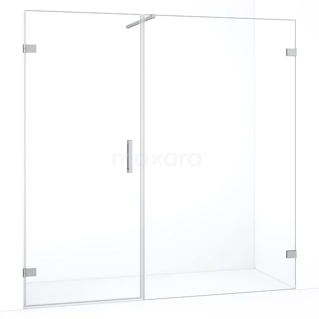 Heldere glazen douchewand, rechthoekig design, met chromen scharnieren en handgreep; perfect voor een moderne badkamer.