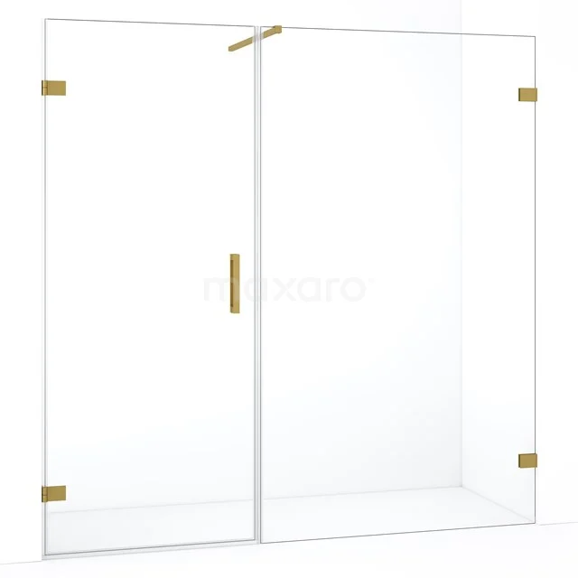 Douchewand met deur, glas, goudkleurige accenten, modern design, perfect voor een stijlvolle badkamerinrichting.