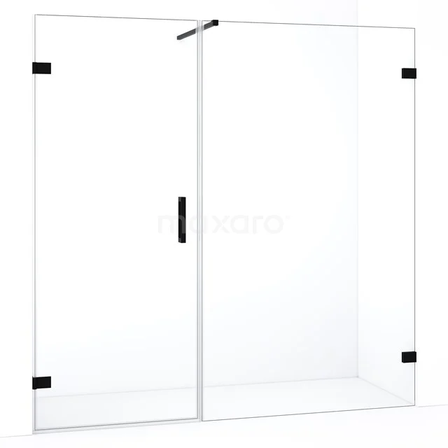 Douchewand met helder glas, zwart metalen accenten en schuifdeur, moderne badkamerstijl, uit de Elegance-serie.