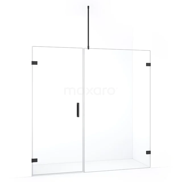 Glazen douchewand met matzwarte scharnieren en handgreep, modern design, ideaal voor een stijlvolle badkamerindeling.