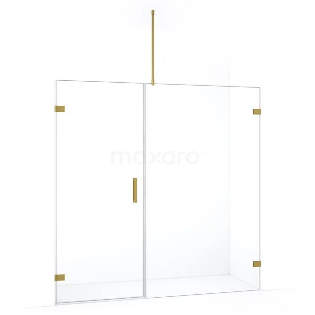 Glazen douchewand met goudkleurige accenten, minimalistisch design, perfect voor een luxe en moderne badkamer.