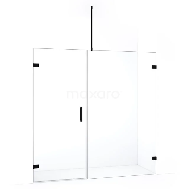 Glazen douchewand met zwart frame, strak ontwerp, perfect voor een moderne badkamer.