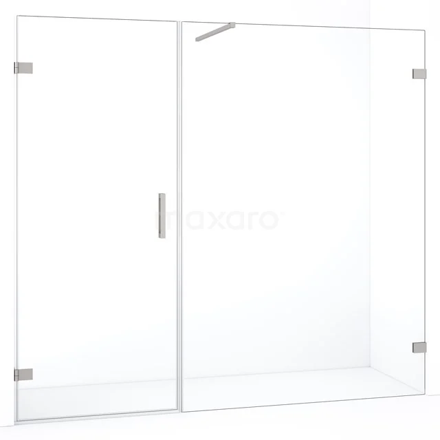 Douchewand helder glas met aluminium profielen, minimalistisch ontwerp, ideaal voor een moderne badkamer.