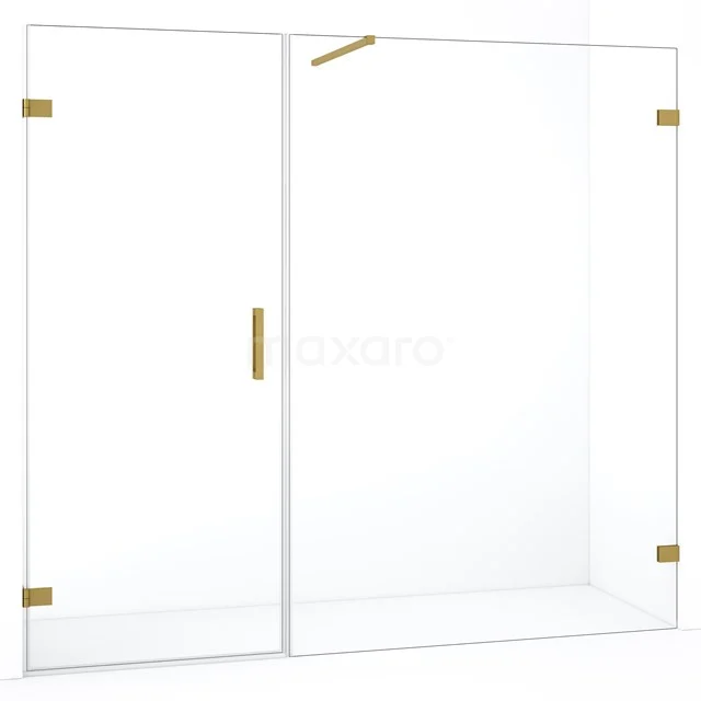 Glazen douchewand met goudkleurige beslag, minimalistisch design, ideaal als stijlvolle scheidingswand in de moderne badkamer.
